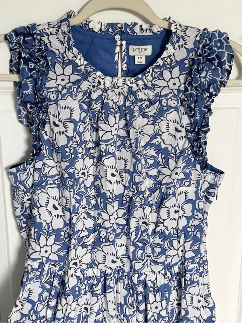 J.Crew Blue & White Ruffle-Sleeve Tiered Cotton Midi Dress Size 10 54953